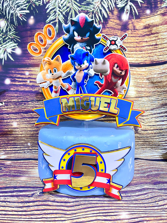 Custom Sonic 3 cake topper with vibrant design, perfect for birthday party decorations and celebrations.